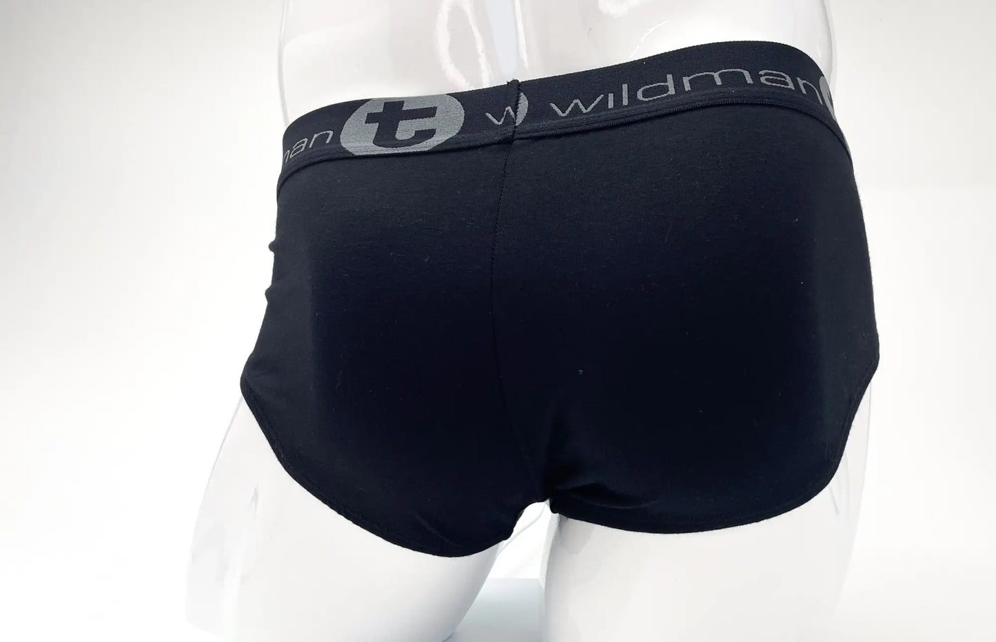 Black stretch cotton big boy pouch briefs with gray wildman waistband in black and blue for men