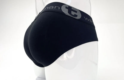 Black stretch cotton big boy pouch briefs with gray wild logo and text on waistband in black and blue colors