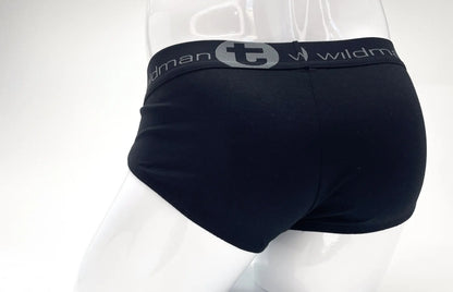 Black wildman stretch cotton big boy pouch brief in black with gray logo band for comfortable everyday wear