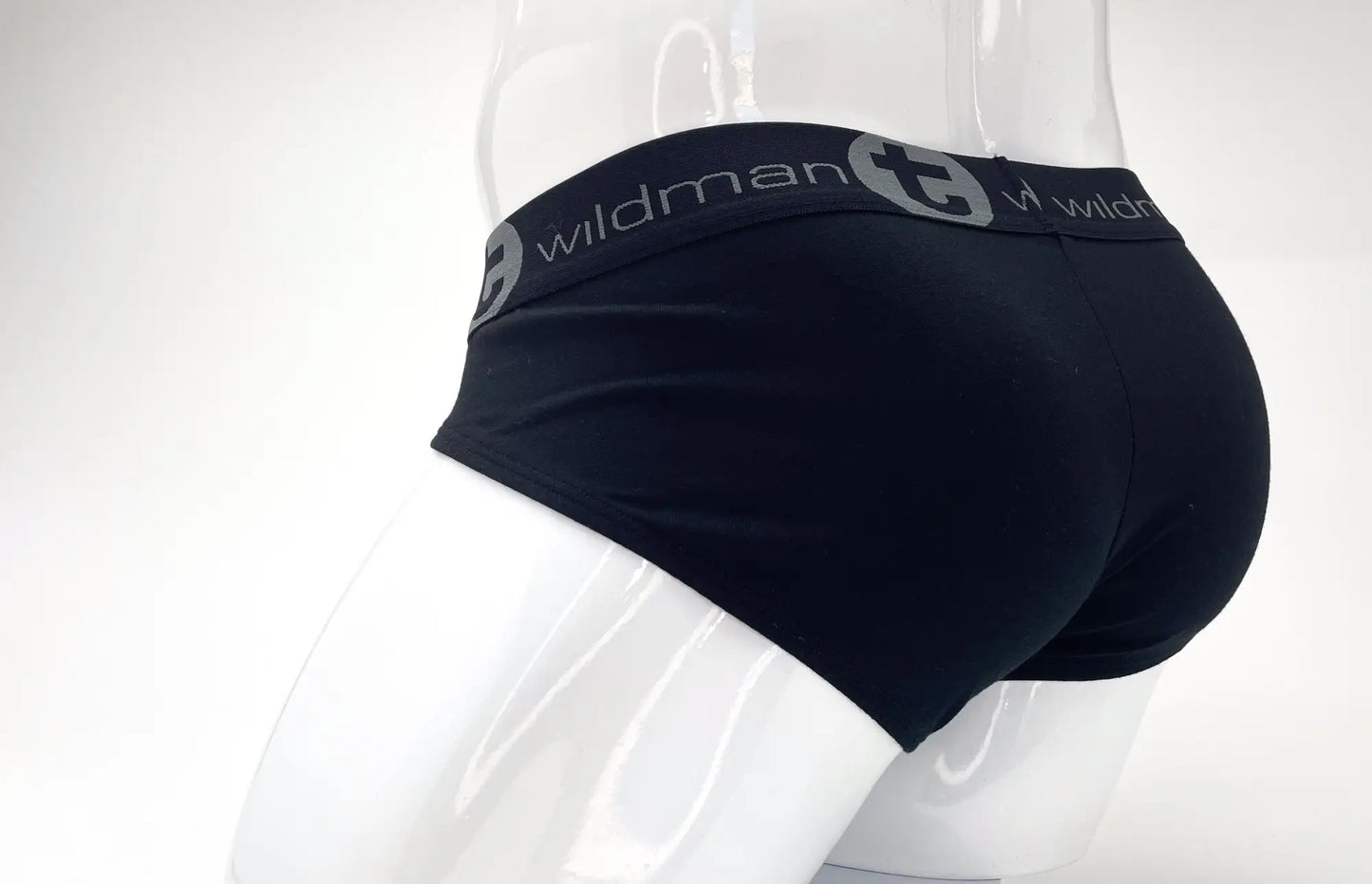 Black wildman stretch cotton big boy pouch brief with gray logo waistband in black and blue colors