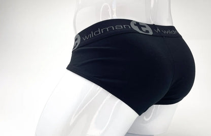 Black wildman stretch cotton big boy pouch brief with gray logo waistband in black and blue colors