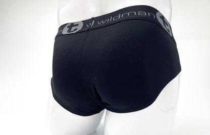Black wildman brand stretch cotton big boy pouch brief in black with a gray logo waistband