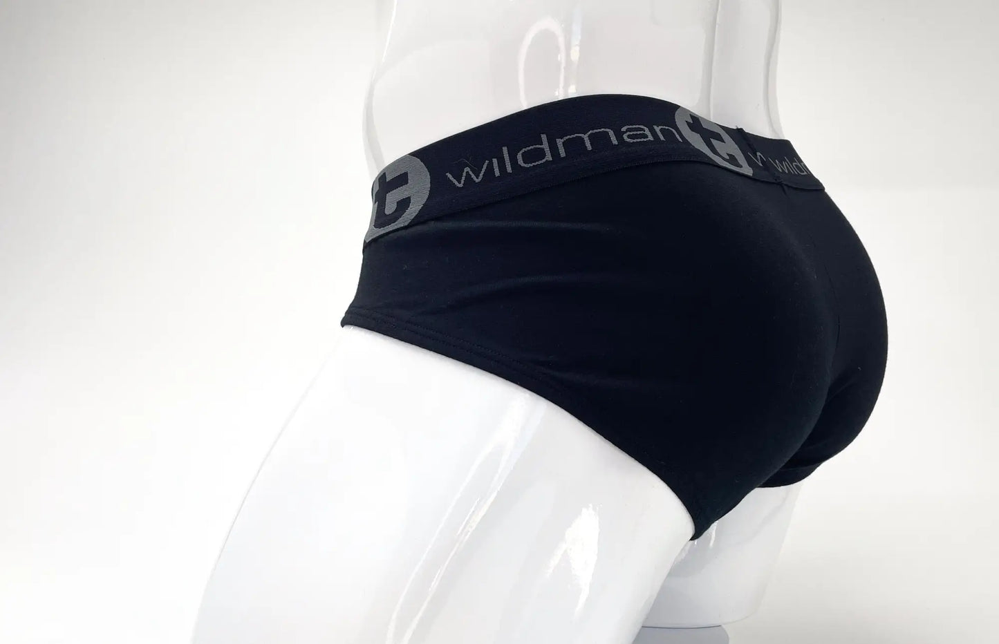 Black wildman brand stretch cotton big boy pouch brief in black with a gray logo band and blue accents
