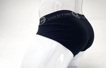 Black wildman brand stretch cotton big boy pouch brief in black with a gray logo band and blue accents
