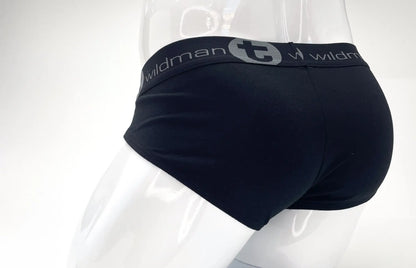 Stretch cotton big boy pouch briefs in black with blue accents and gray wildman brand logo on the waistband
