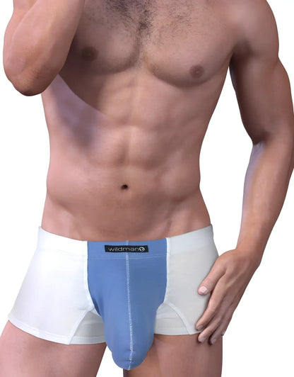 Stretch cotton boxer briefs in white and blue with a central blue panel and wildman brand label on the front