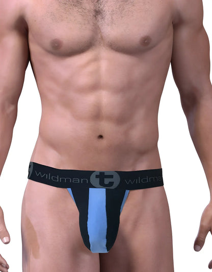 Black and light blue stretch cotton strapless jock brief with wildman branded waistband and big boy pouch