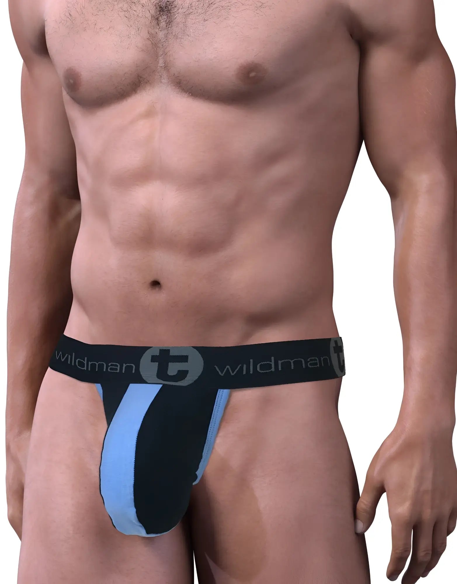 Black and light blue wildman stretch cotton strapless jockstrap with sleek contoured big boy pouch design