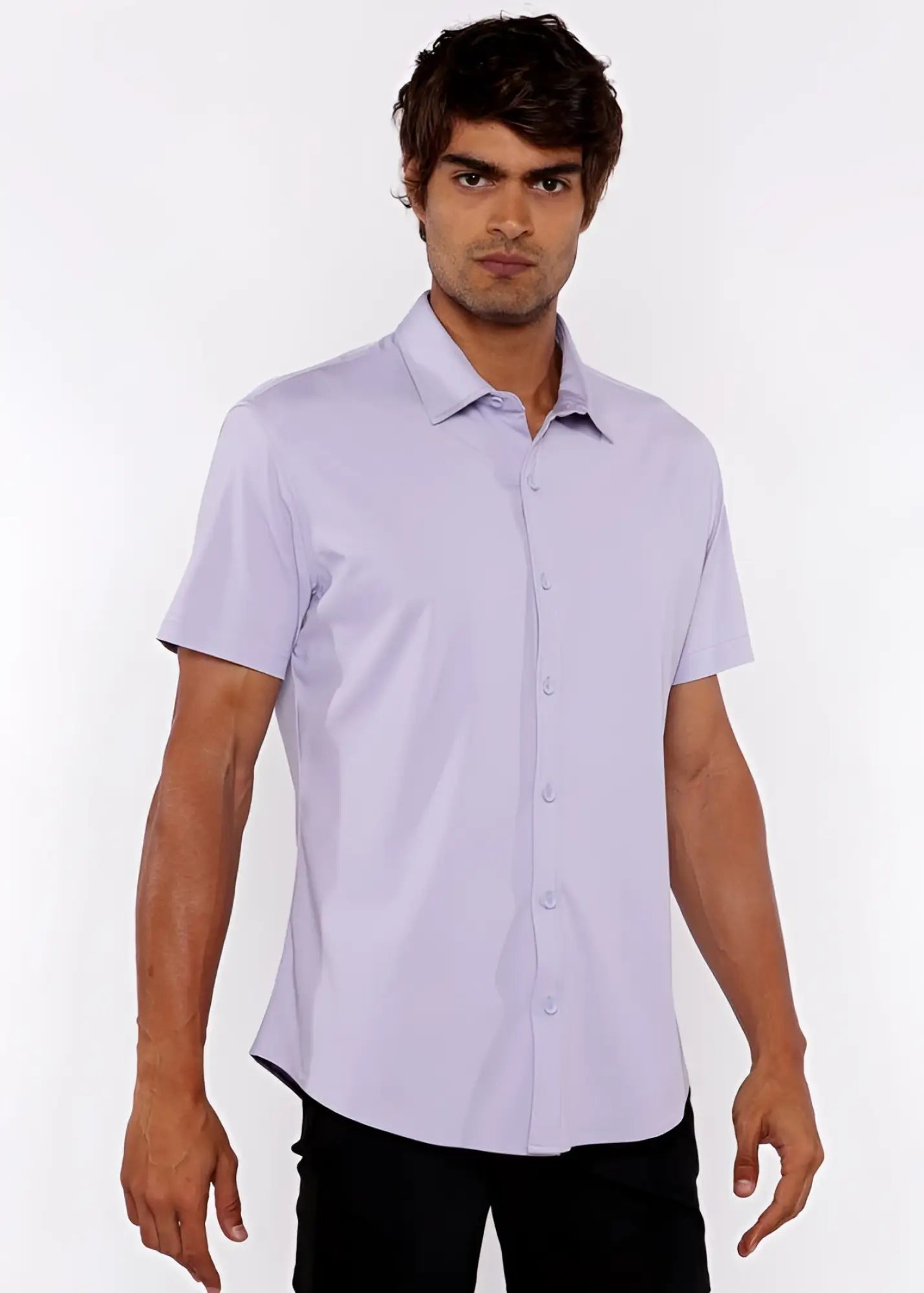 A light lavender stretch knit shirt with short sleeves a classic collar and a clean tailored fit