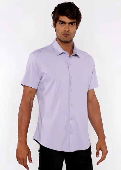 A light lavender stretch knit shirt with short sleeves a classic collar and a clean tailored fit