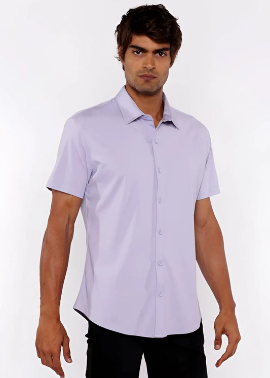 A light lavender stretch knit shirt with short sleeves a classic collar and a clean tailored fit