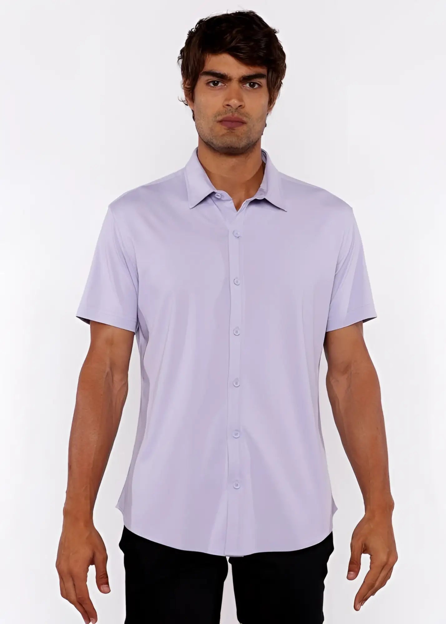 A light lavender stretch knit shirt with short sleeves, classic collar, and neatly stitched details