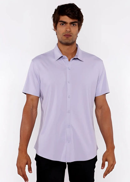 A light lavender stretch knit shirt with short sleeves, classic collar, and neatly stitched details