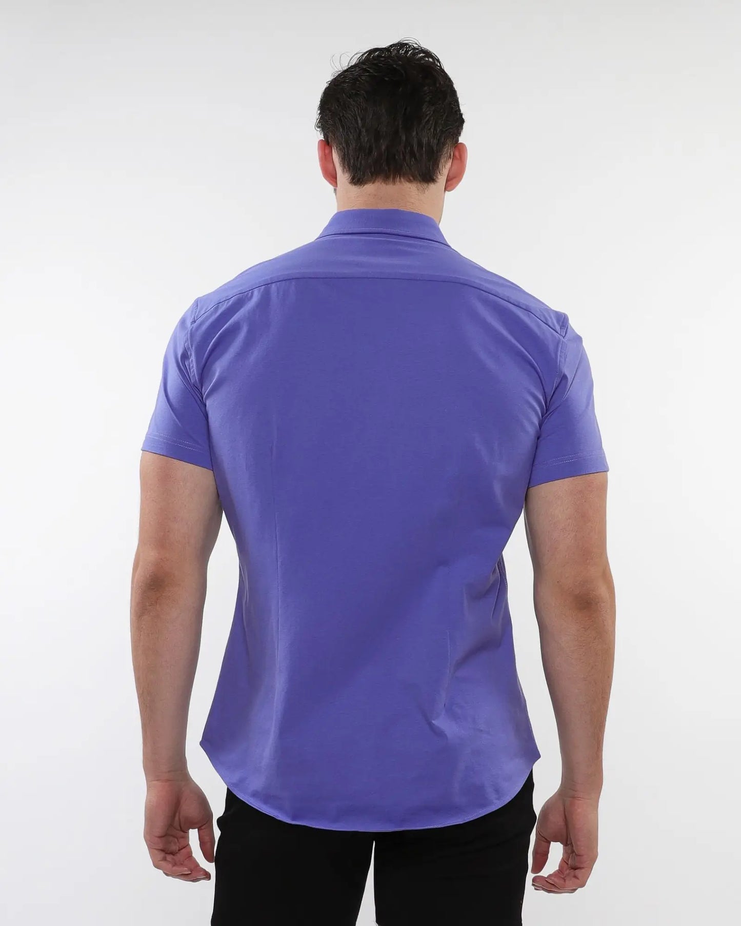 A sleek purple stretch knit shirt with short sleeves tailored fit and crisp collar for a polished look