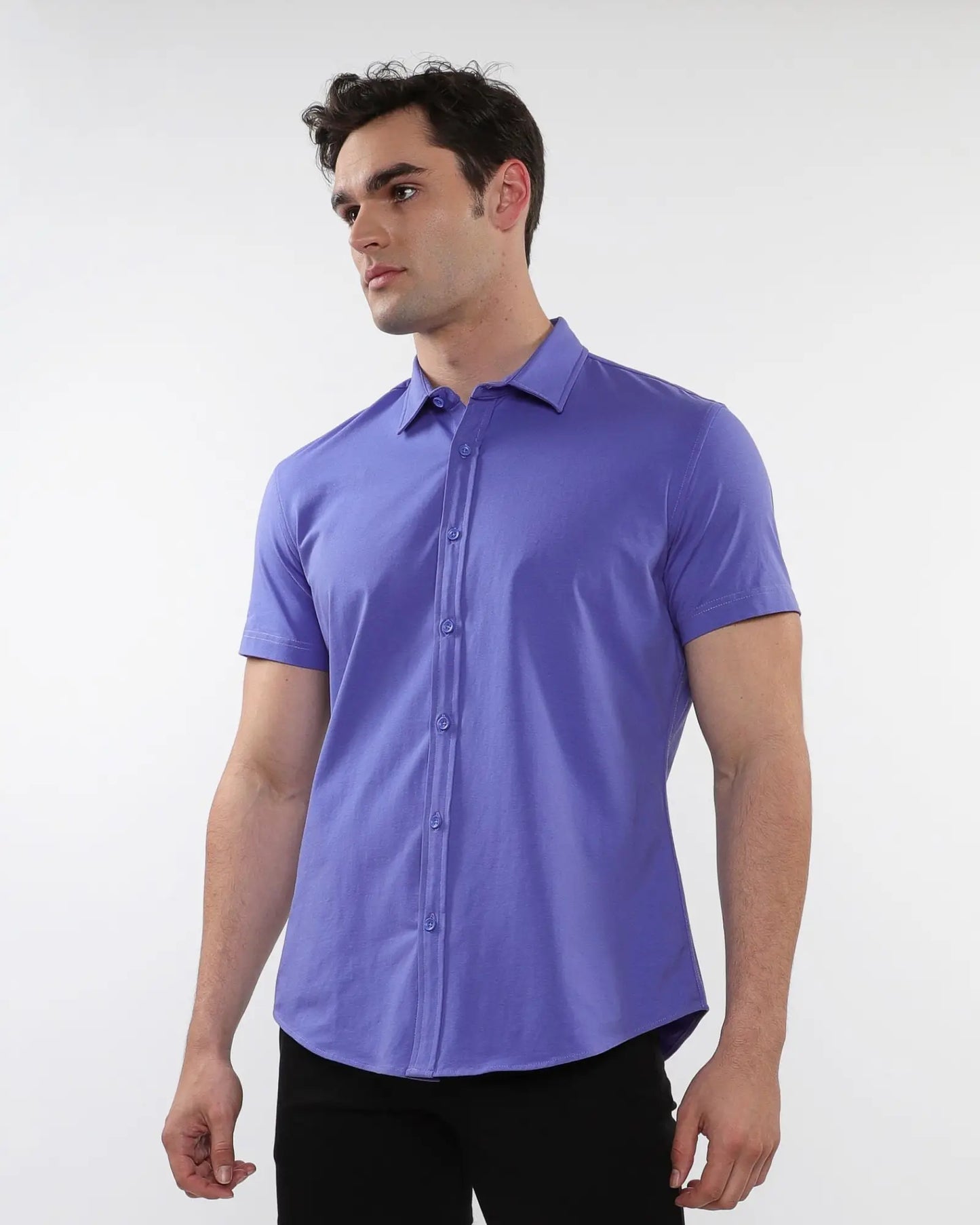 A sleek solid purple stretch knit shirt with short sleeves classic collar and button-down front for casual wear