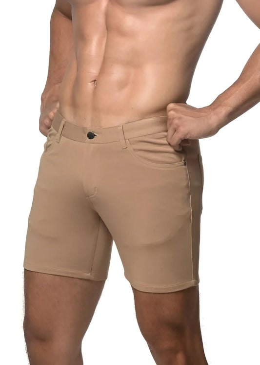 Beige stretch knit chino shorts with classic fit and black button closure for comfortable casual wear
