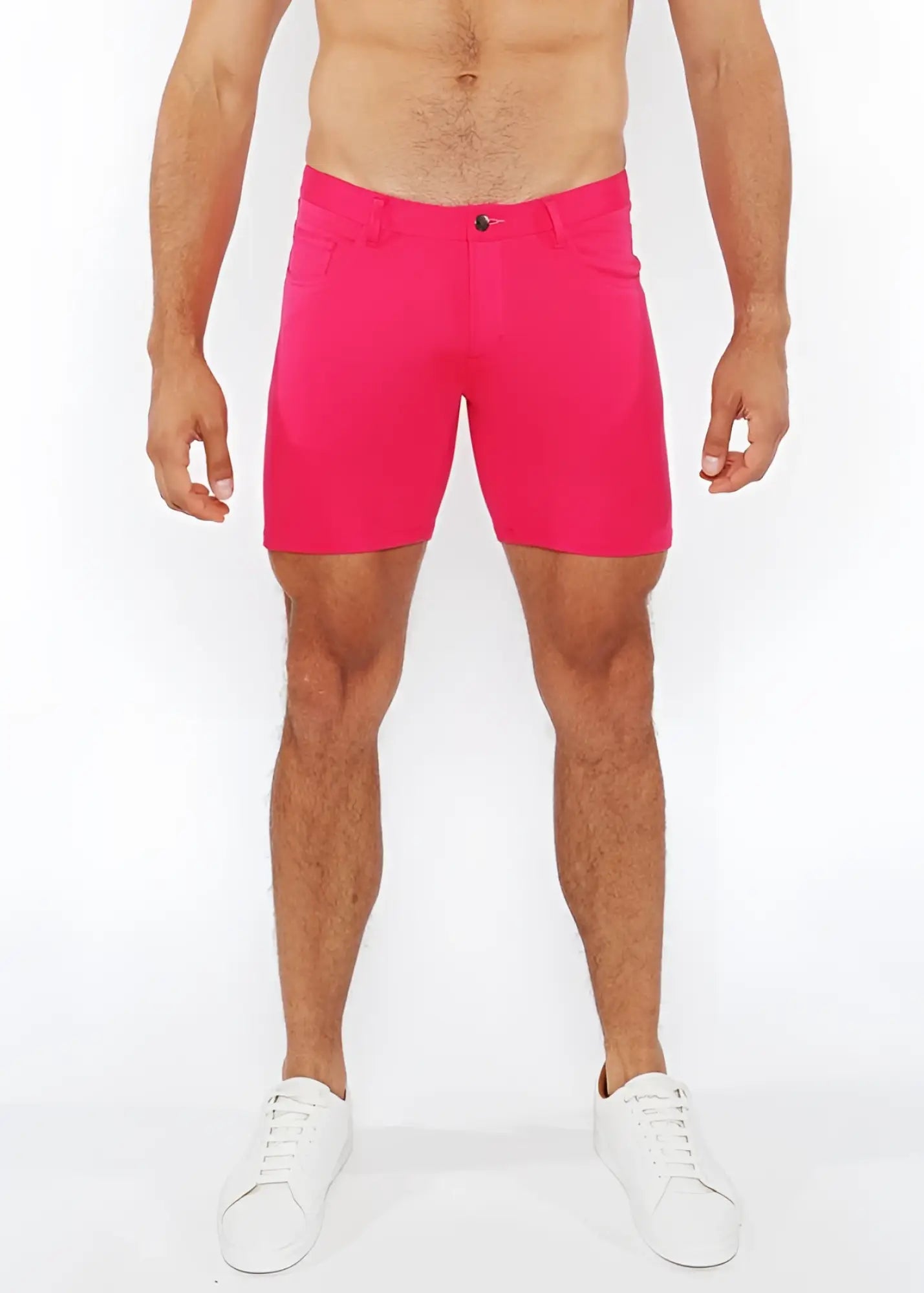 Bright pink stretch knit shorts for men with a tailored fit and single button closure