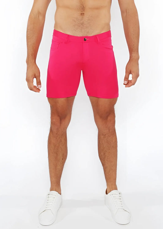 Bright pink stretch knit shorts for men with a tailored fit and single button closure
