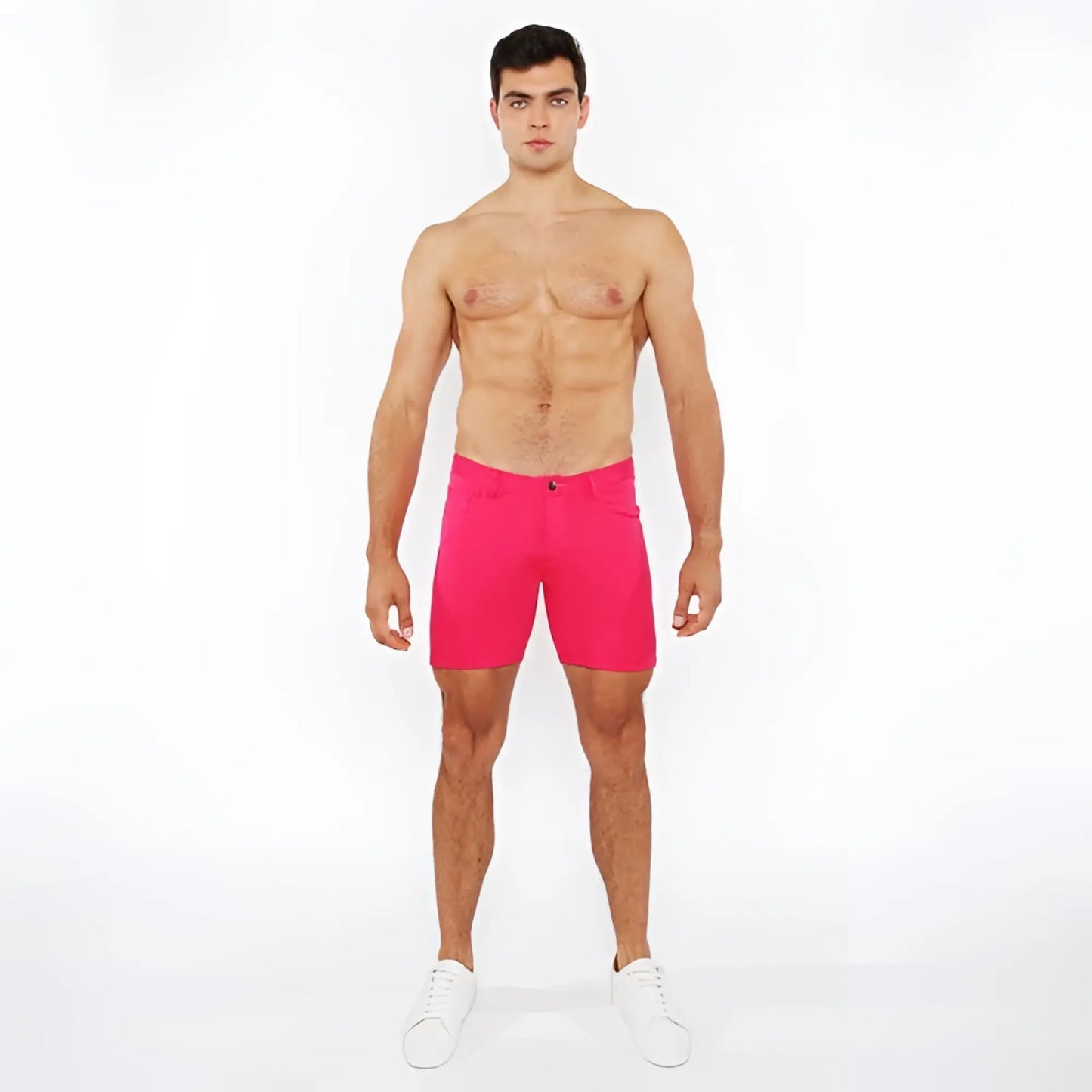Bright pink stretch knit shorts with classic five-pocket design and button closure for comfortable wear