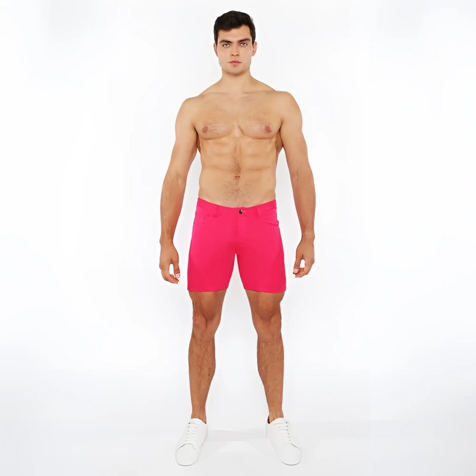 Bright pink stretch knit shorts with classic five-pocket design and button closure for comfortable wear