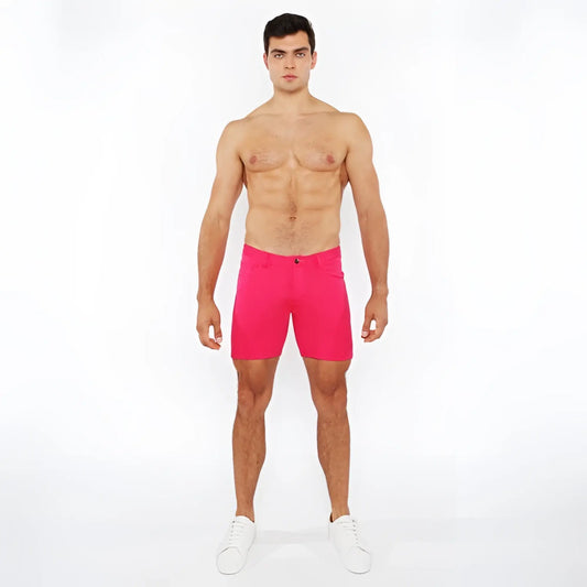 Bright pink stretch knit shorts with classic five-pocket design and button closure for comfortable wear