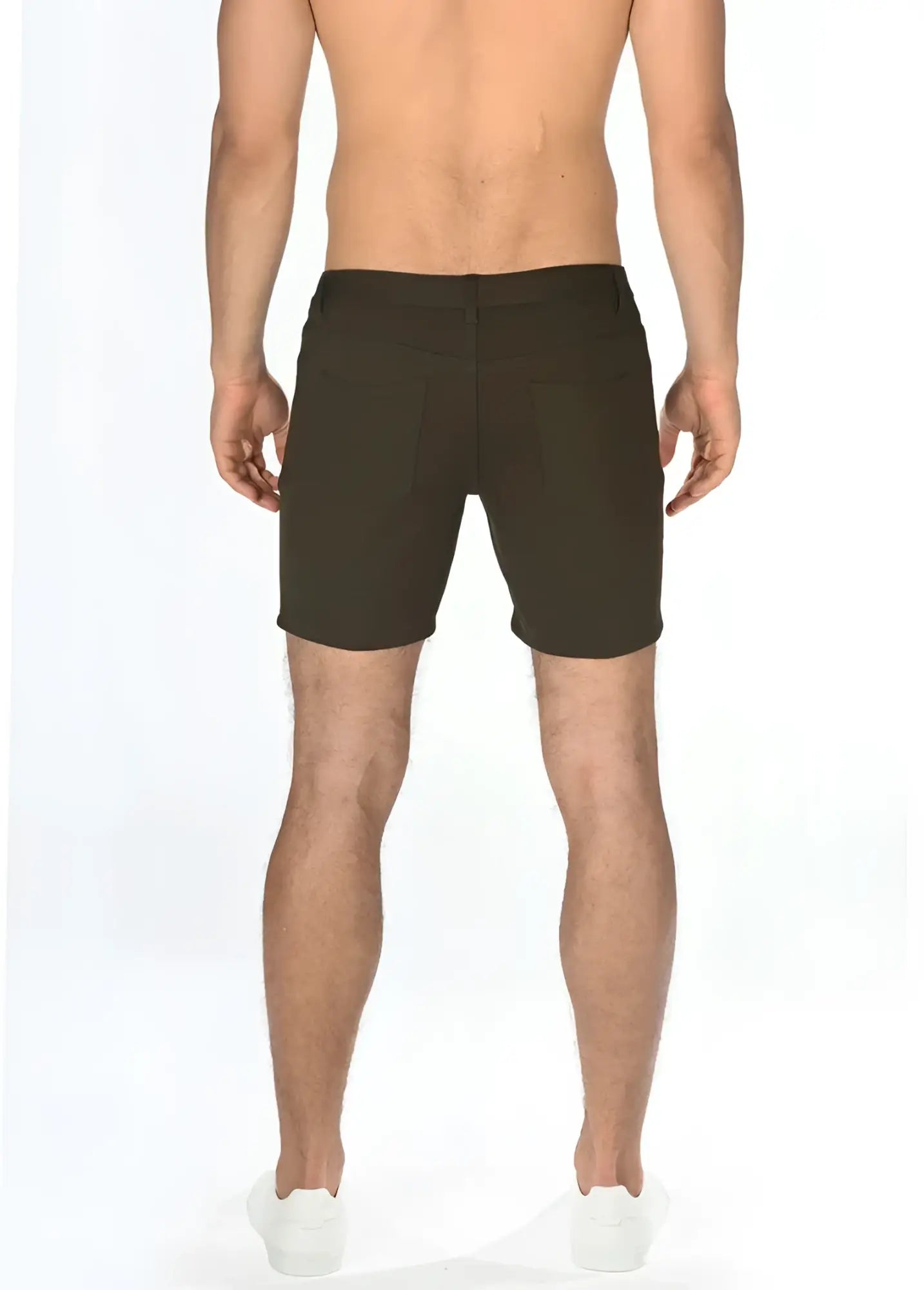 Dark olive stretch knit shorts tailored with a clean-cut design and subtle stitching details for comfortable wear