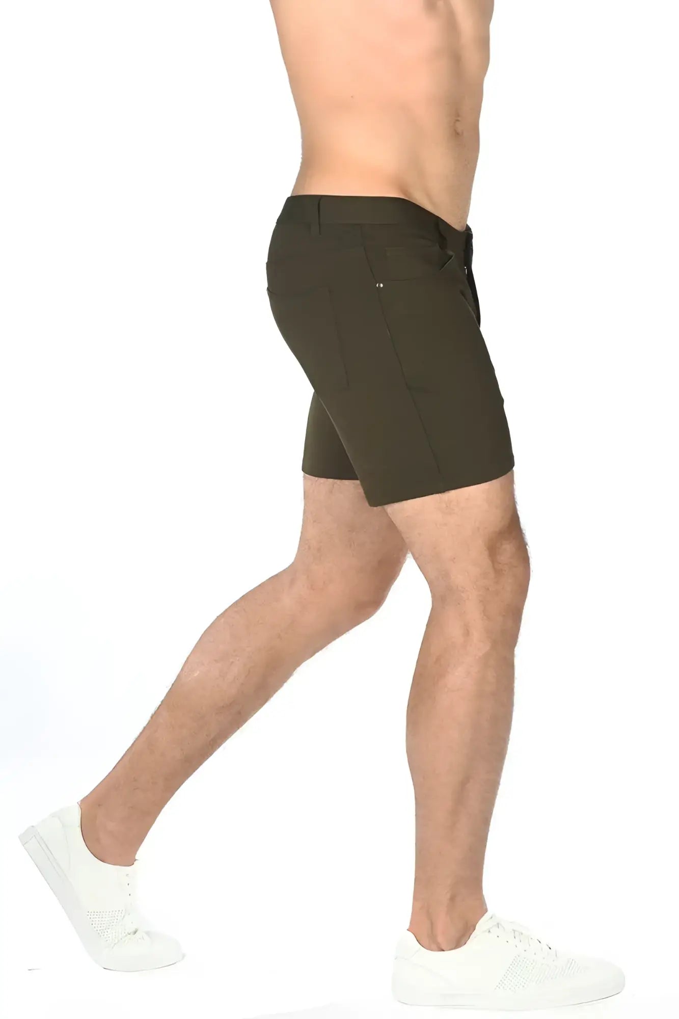 Dark olive green stretch knit chino shorts with tailored fit and subtle side pockets