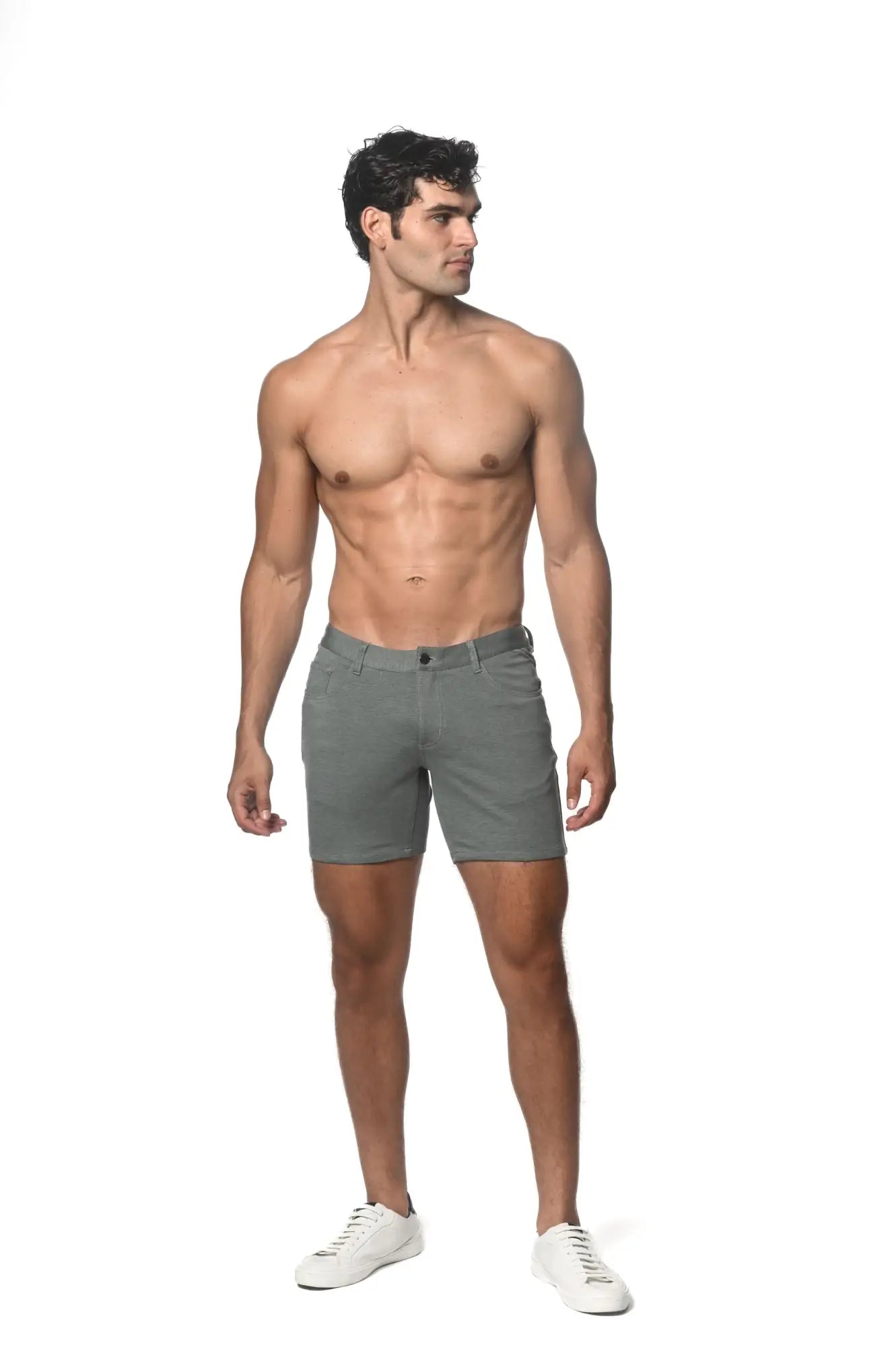 Gray stretch knit chino shorts with classic fit and button closure perfect for casual wear