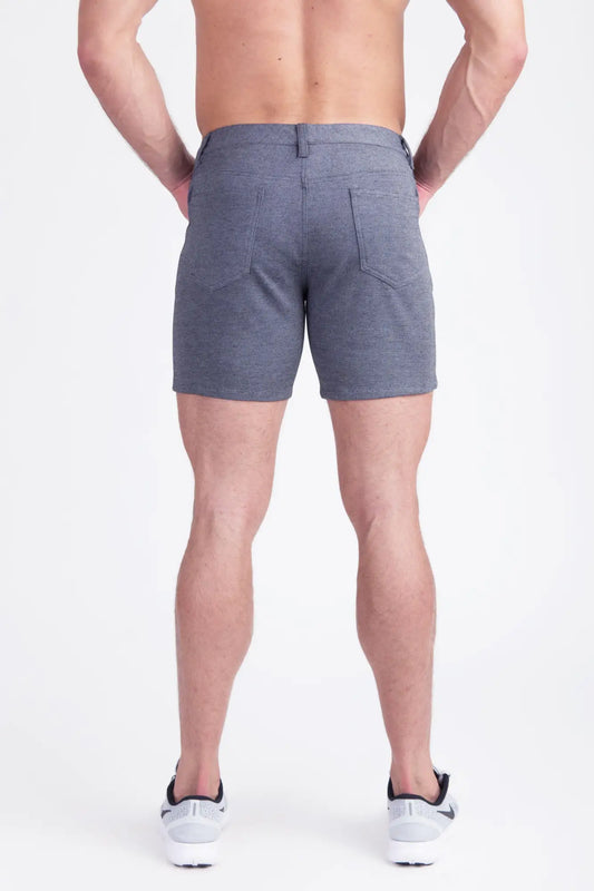 Gray heathered stretch knit shorts with classic five-pocket design and belt loop waistband in cotton fabric