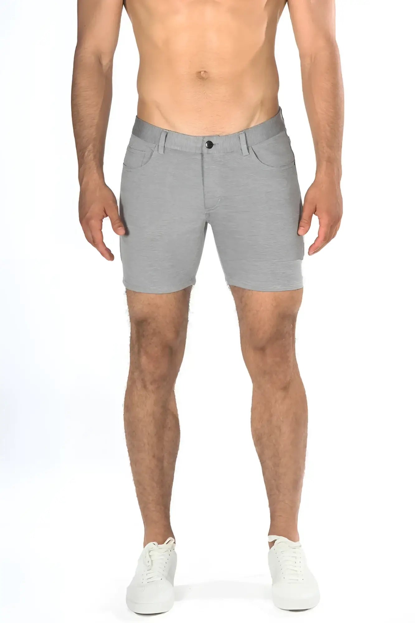 Gray stretch knit shorts with heathered fabric and subtle stitching details for a sleek, modern look