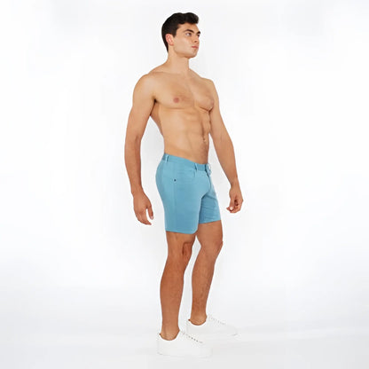 Light blue stretch knit shorts with five-pocket design and belt loops for comfortable casual wear