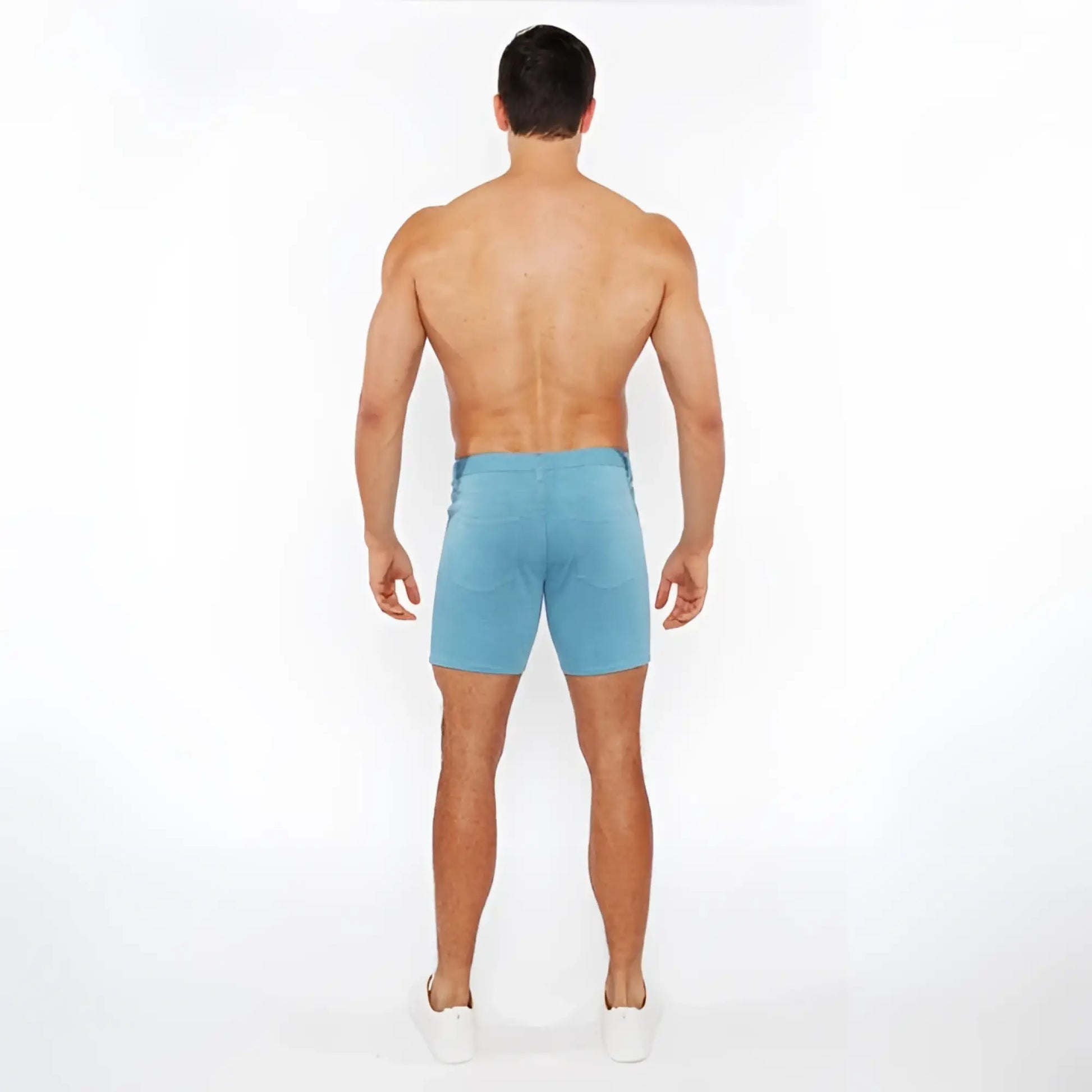 Light blue stretch knit denim shorts with classic fit and visible stitching for comfortable casual wear