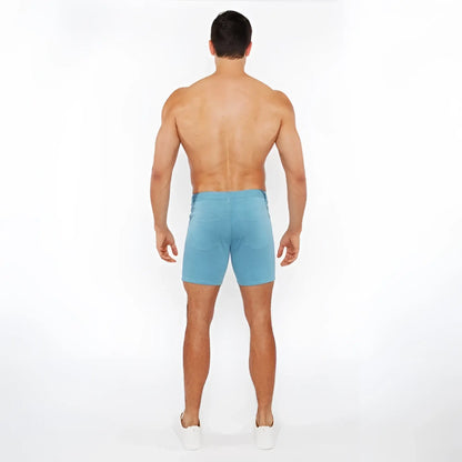 Light blue stretch knit denim shorts with classic fit and visible stitching for comfortable casual wear