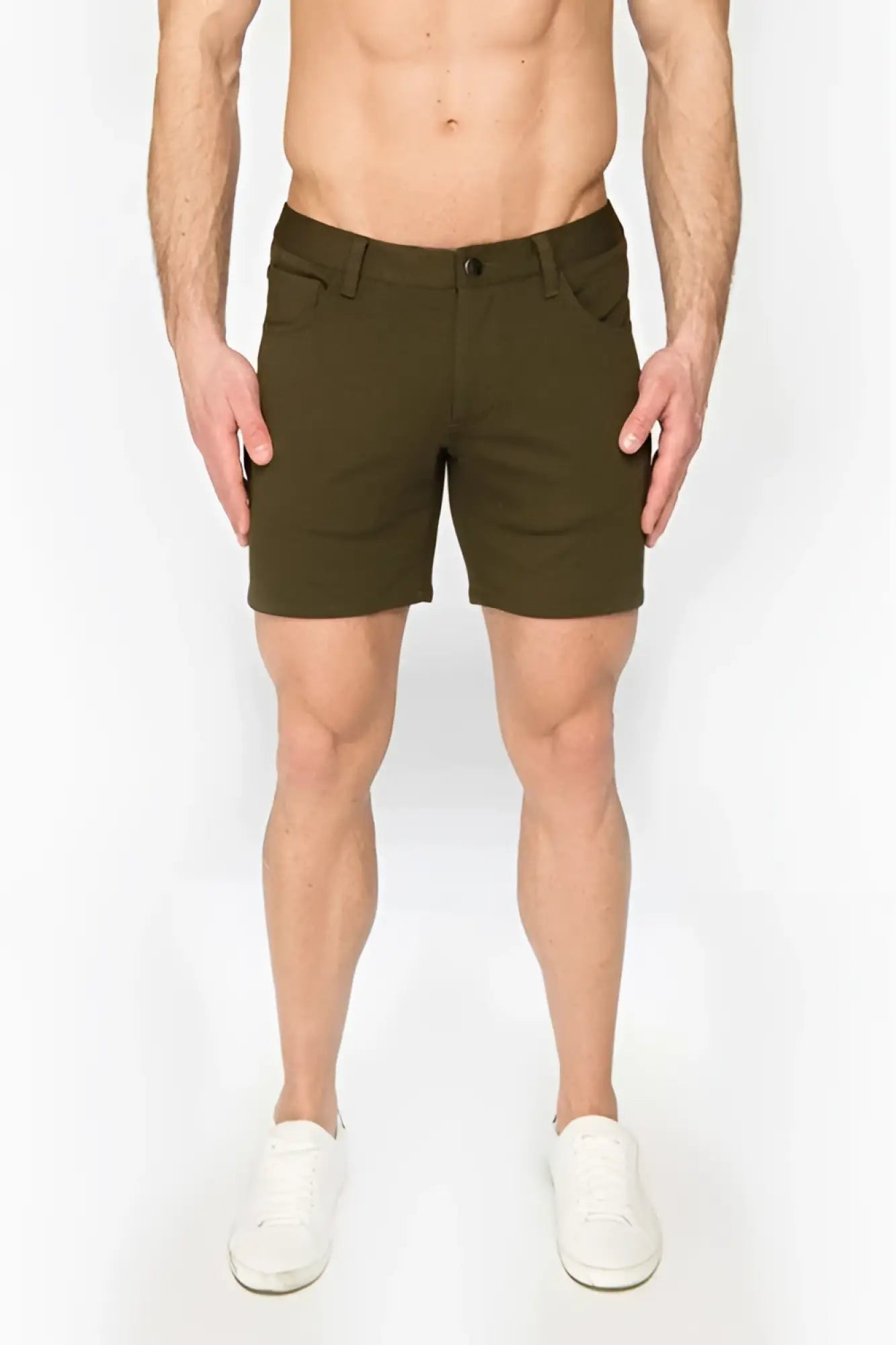 Olive green stretch knit chino shorts with classic fit and button closure for comfortable casual wear