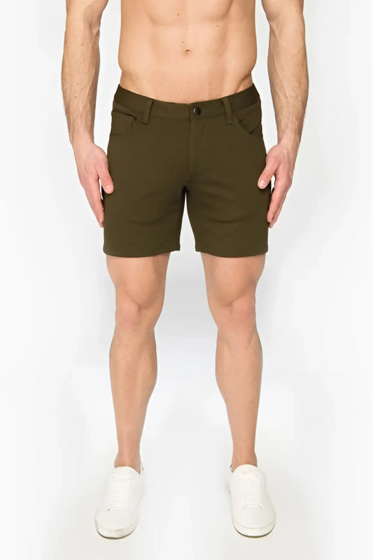Olive green stretch knit chino shorts with classic fit and button closure for comfortable casual wear