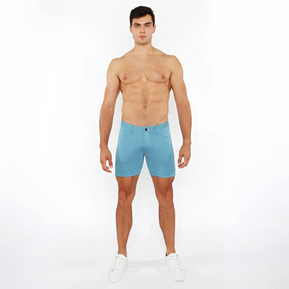 A pair of light blue stretch knit shorts with a form-fitting modern design for comfortable active wear