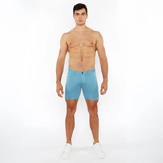 A pair of light blue stretch knit shorts with a form-fitting modern design for comfortable active wear