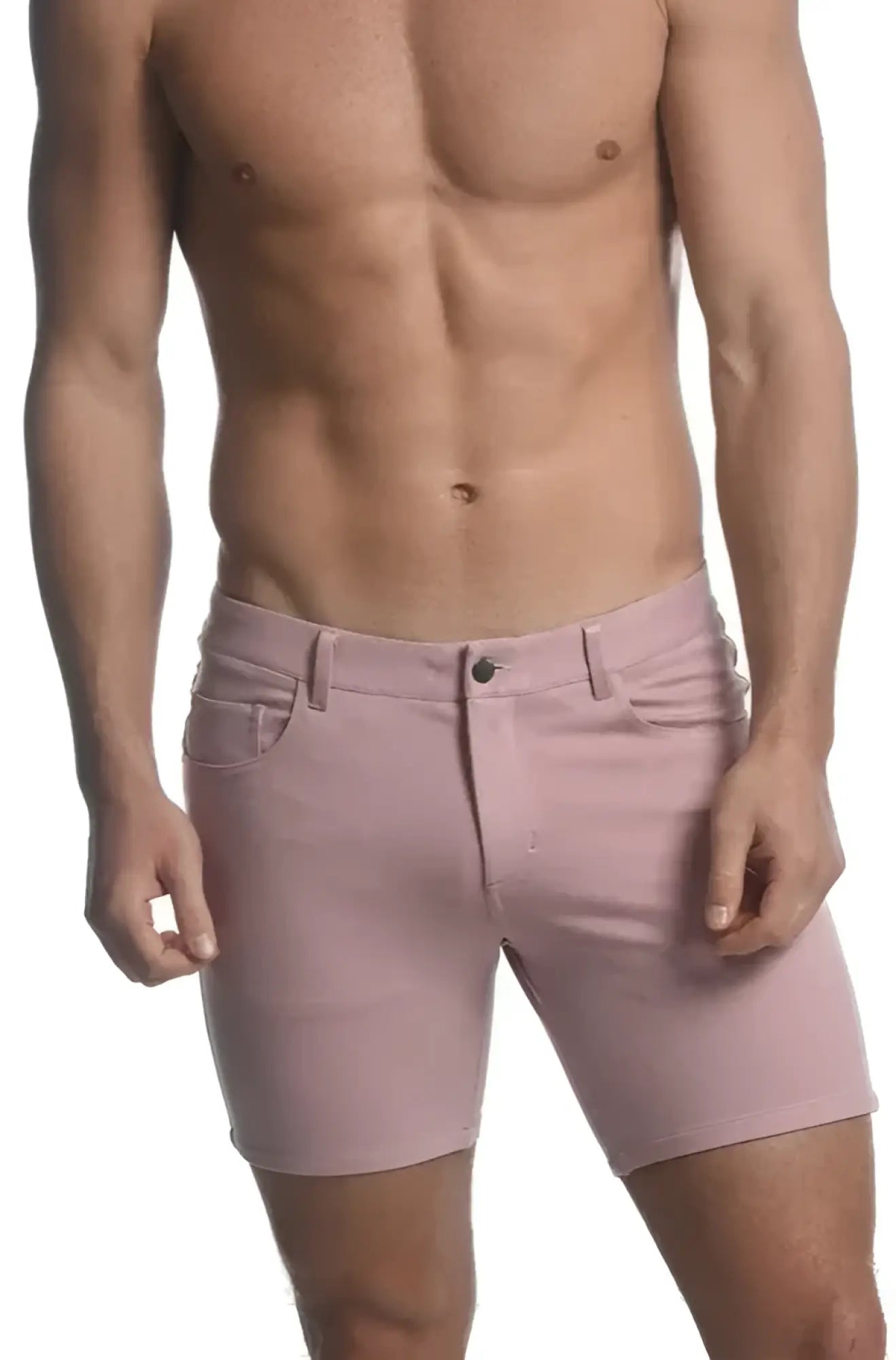 A pair of pink stretch knit men’s denim shorts with classic five-pocket design and button closure