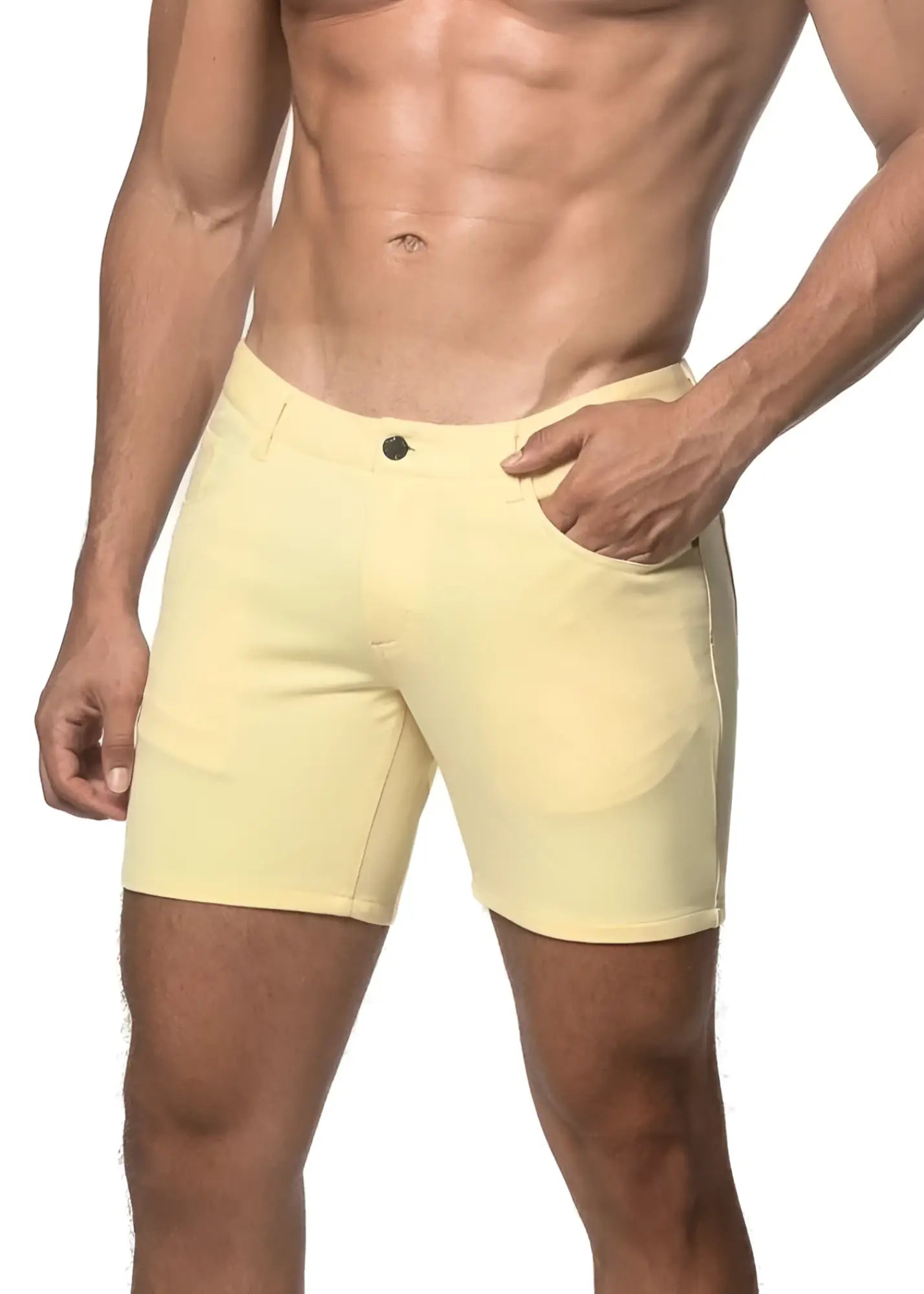A pair of pale yellow stretch knit shorts with a classic button closure and side pockets in a form-fitting design