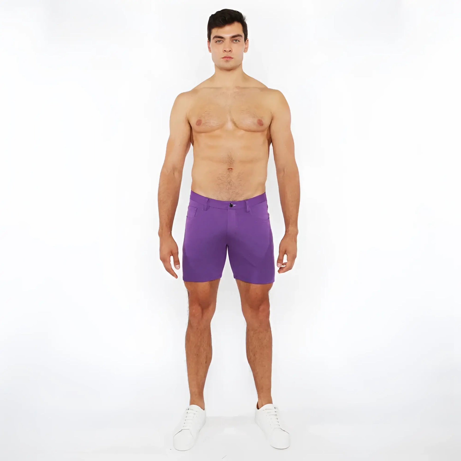 Purple stretch knit shorts made of soft breathable fabric designed for comfortable active wear
