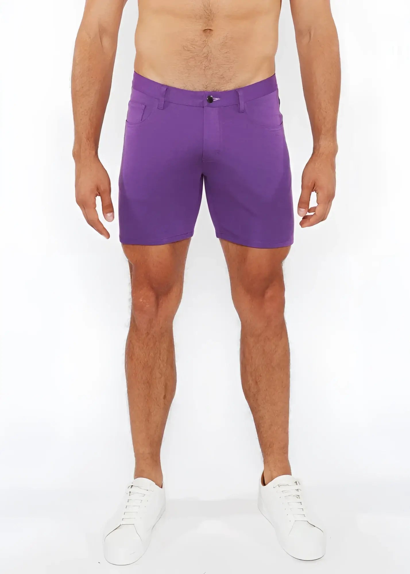 Purple stretch knit short men’s shorts with clean tailored fit and subtle stitching details