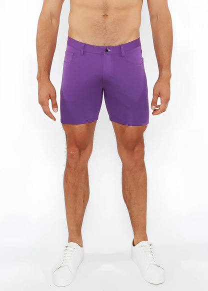Purple stretch knit short men’s shorts with clean tailored fit and subtle stitching details