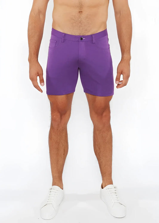 Purple stretch knit short men’s shorts with clean tailored fit and subtle stitching details