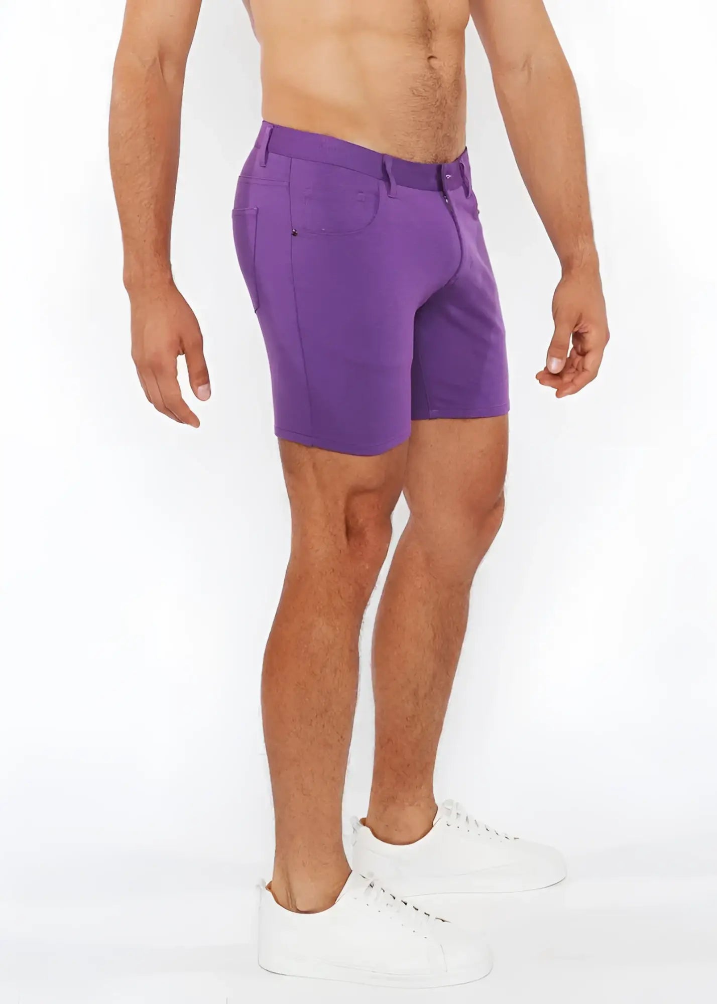 Purple stretch knit shorts for men with tailored fit and classic five-pocket design