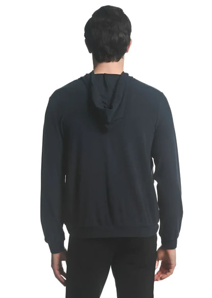 Black stretch knit zip-up hoodie with smooth soft fabric and subtle ribbed cuffs for comfortable wear