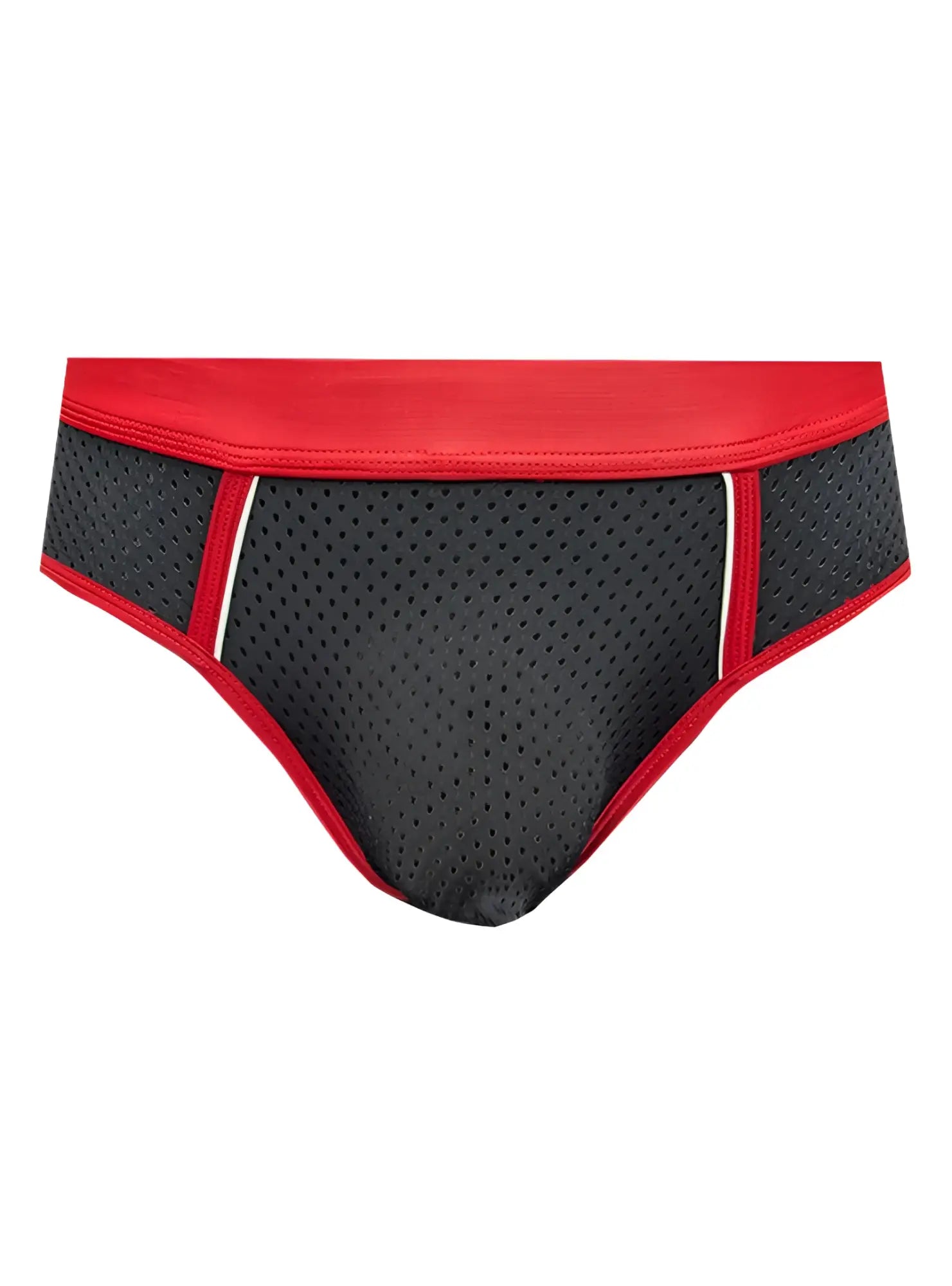 Black stretch mesh briefs with red trim and white piping highlighting breathable lightweight design