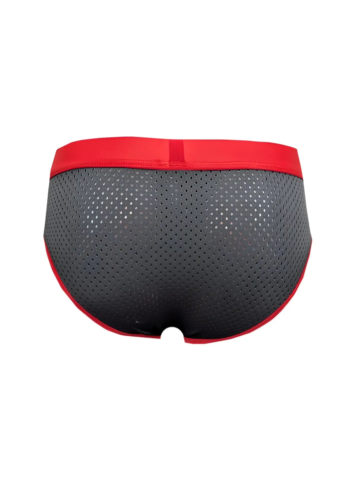 Black stretch mesh briefs with red waistband and trim designed for comfortable everyday wear
