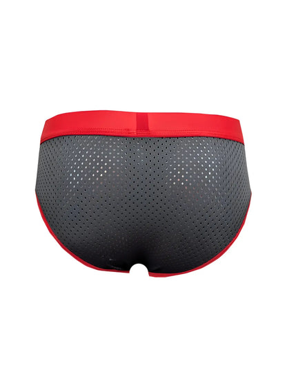 Black stretch mesh briefs with red waistband and trim designed for comfortable everyday wear