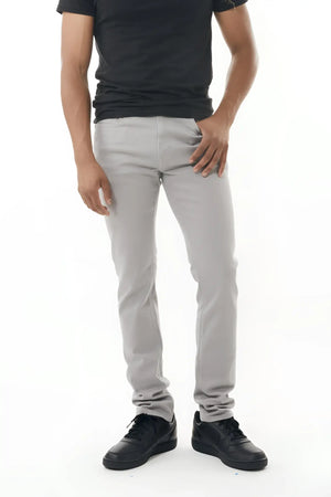 Gray stretch twill slim-fit pants with a clean modern cut and subtle stitching details for versatile wear