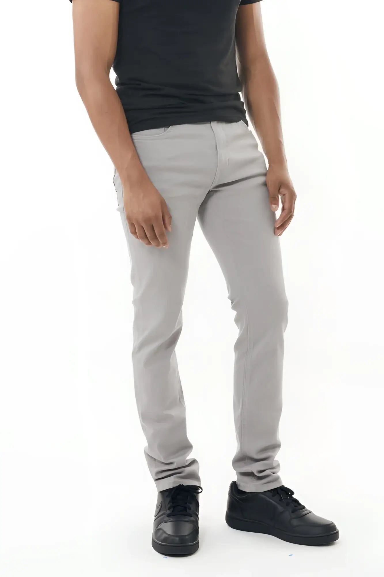 Gray stretch twill pant with slim-fit modern cut and subtle stitching details in durable stretch twill fabric